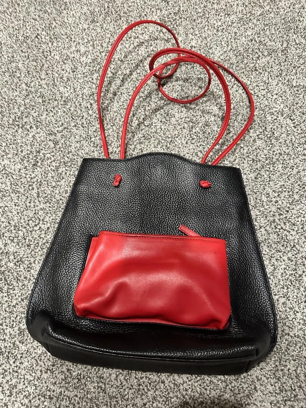 Genuine Leather Convertible Shoulder Bag/Backpack with Red Accent Pouch